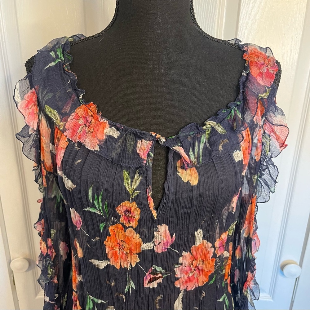 Johnny Was love Desi  100% Silk Top Sz M Floral Sheer Boho Ruffle Tunic peasant - Picture 5 of 11